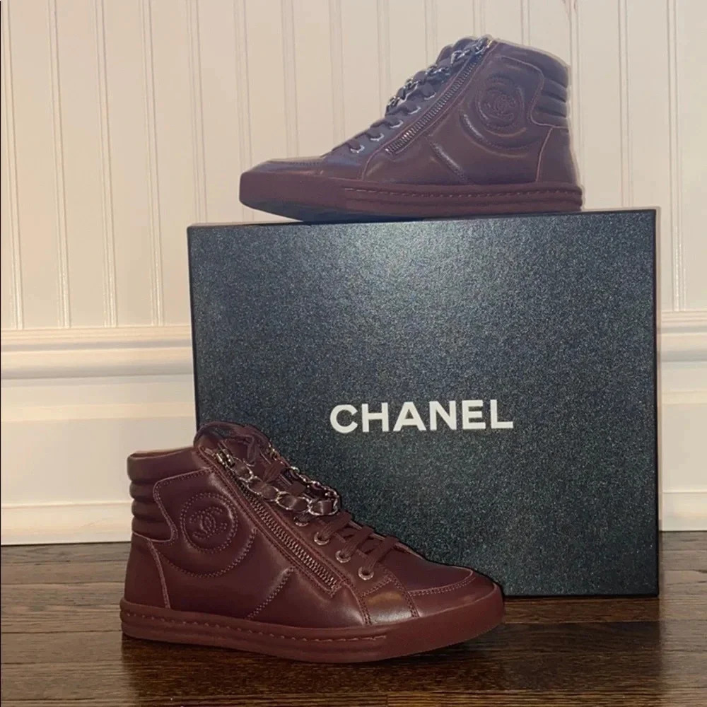 Chanel Burgundy Lambskin Skin Sneakers - Picture 1 of 8